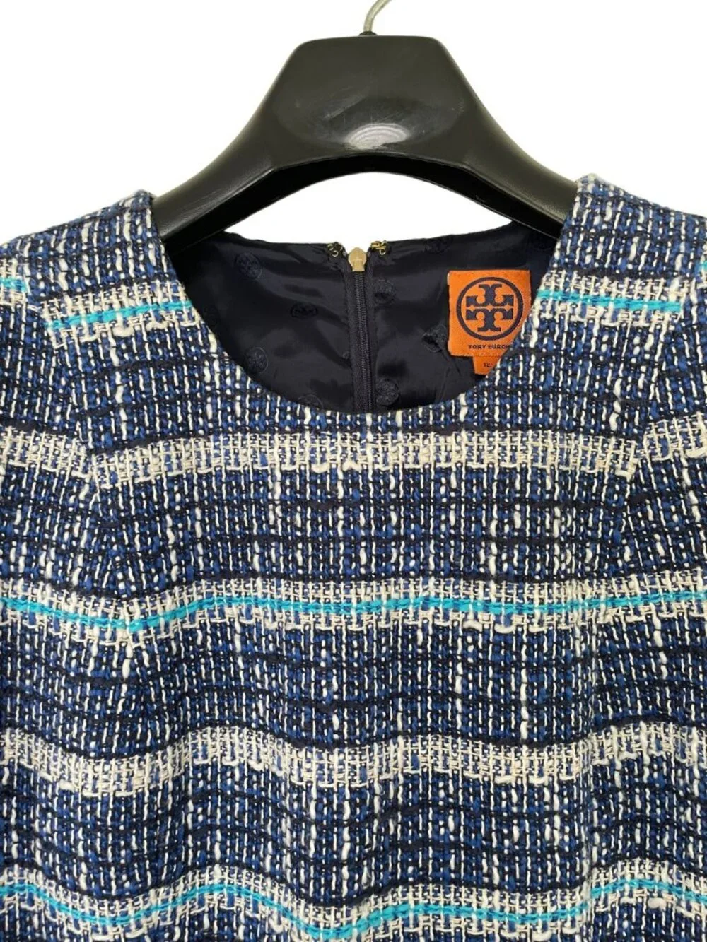 Tory Burch Petra Blue Tweed Sheath Dress Sz 12 Sleeveless Striped Preppy